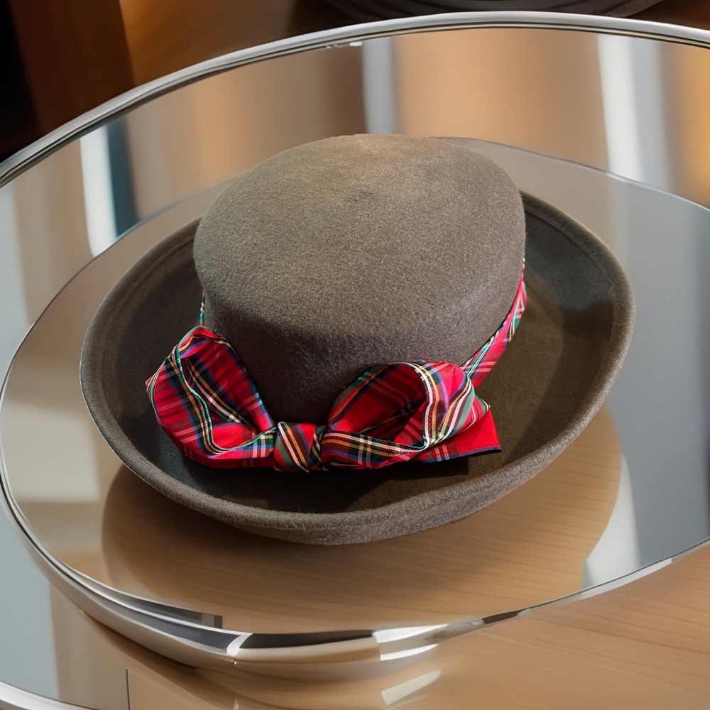 Doeskin Felt Hat 100% Wool Olive Green Red Plaid Bow Bollman Hat Co.